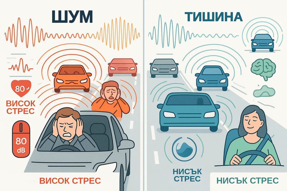 Инфографика „Шум срещу тишина“: висок стрес в шумния трафик, нисък стрес в тихото купе